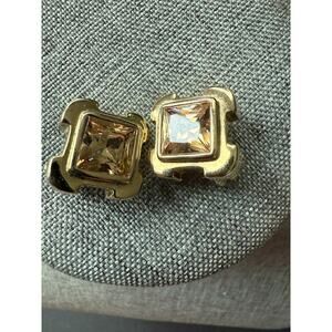 Crystal Faceted Rhinestone Earrings Clip On Topaz Color Gold Tone Classic Career